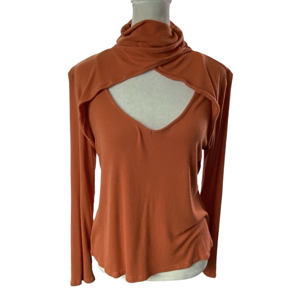VENUS Women Cut Out Open Front Mock Neck Long Sleeve Top Sz L Orange 1-20 - Picture 2 of 12